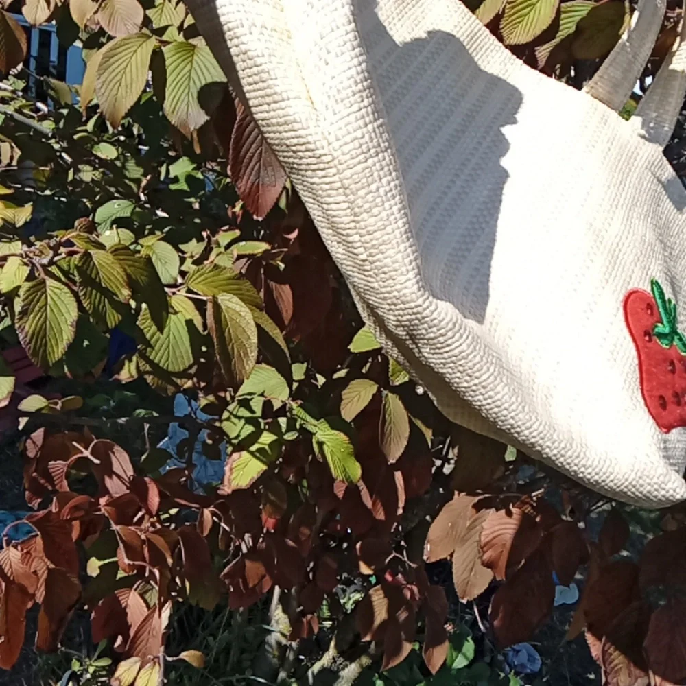 Strawberry Embroidered Beige Tote Bag EUC - Picture 4 of 5
